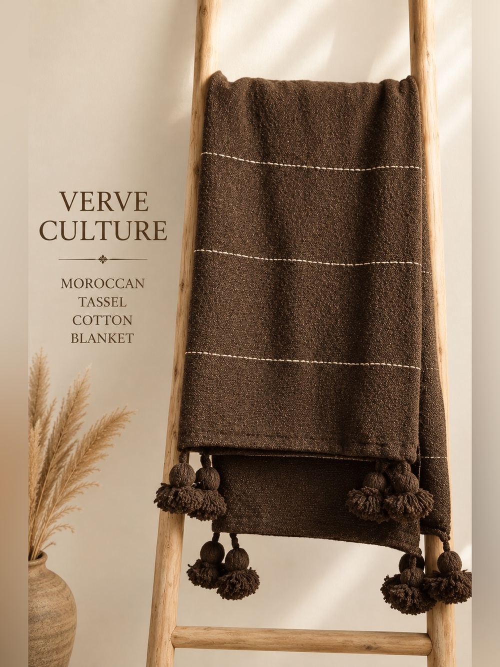 Verve Culture Moroccan Tassel Cotton Blanket Brown